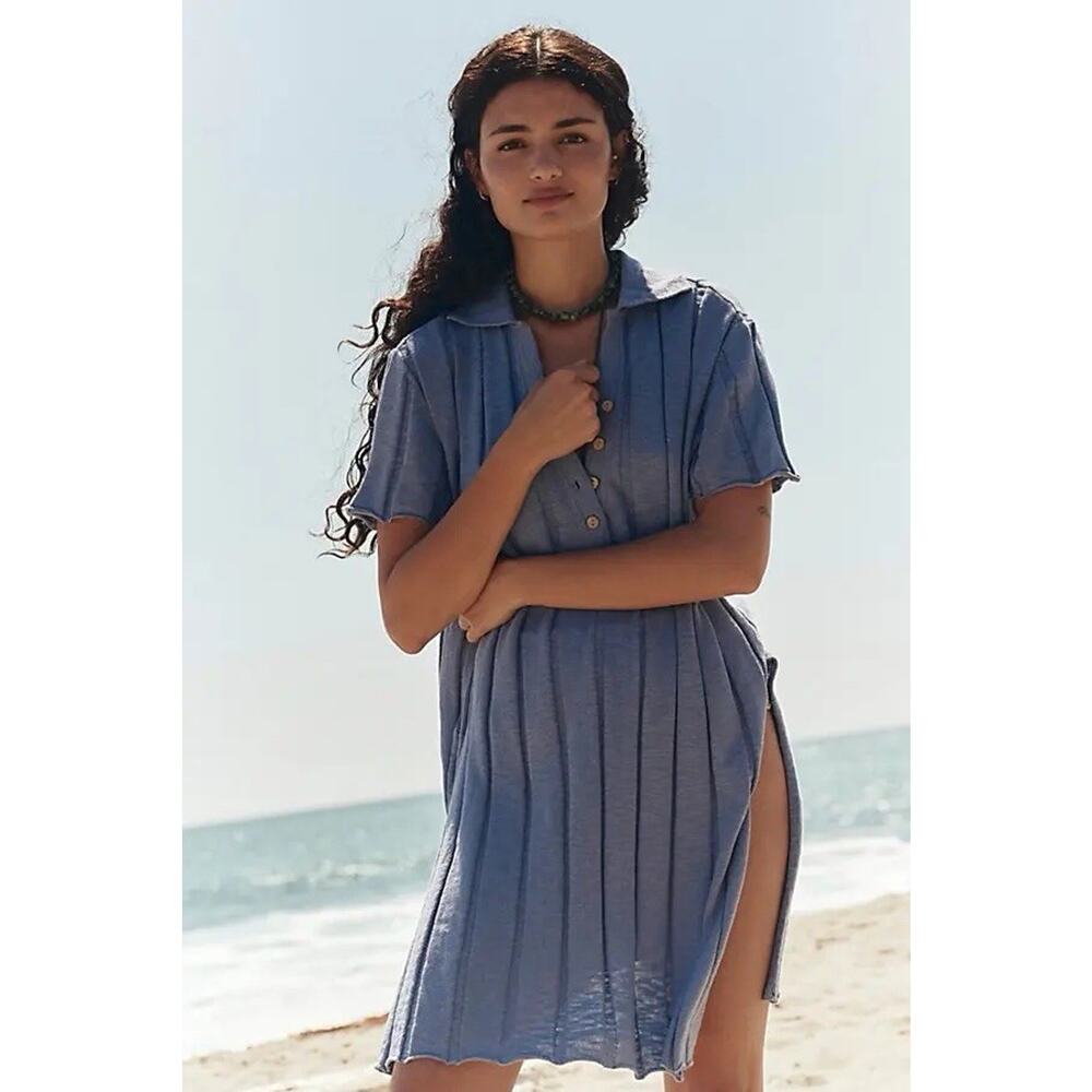 Free People free-est Hailee Ribbed Polo Mini Dress in Dusty Blue Size XL